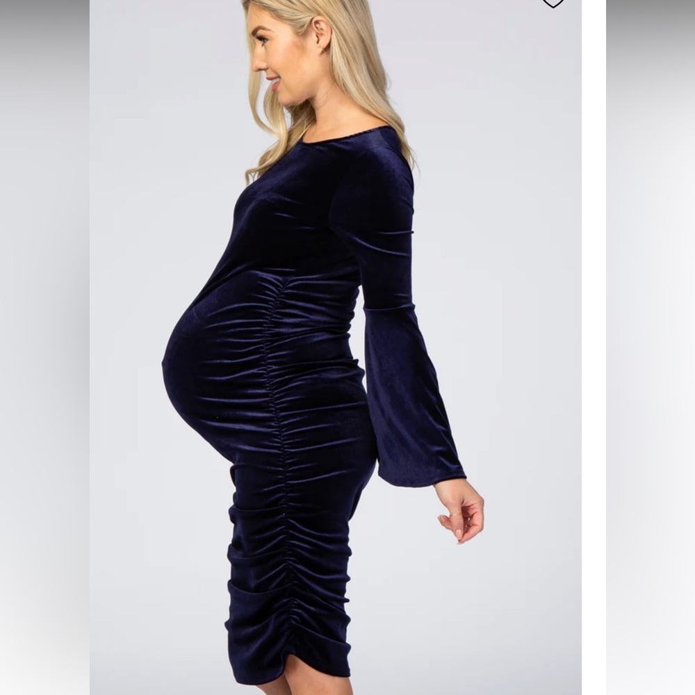 Navy Blue Velvet Ruched Bell Sleeve Maternity Dress